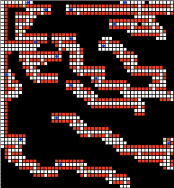 A grid map being explored by multiple robots.